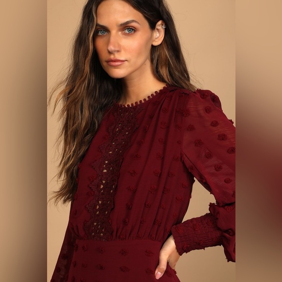 Size XS Lulus Lust or Love Wine Red Embroidered Lace Long Sleeve Dress - Picture 5 of 9